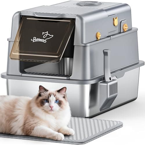 Bac à Litière en Acier Inoxydable PalNests XXL pour Chat | Couvercle à 105° + Pelle + Litière Amovible en Métal + Charbo