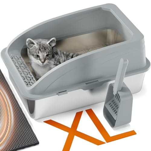 Litière pour Chat en Acier Inoxydable, Grande Taille Semi-Fermée, avec Pelle et Tapis Double Couche, Durable et Hygiéniq — Gris clair