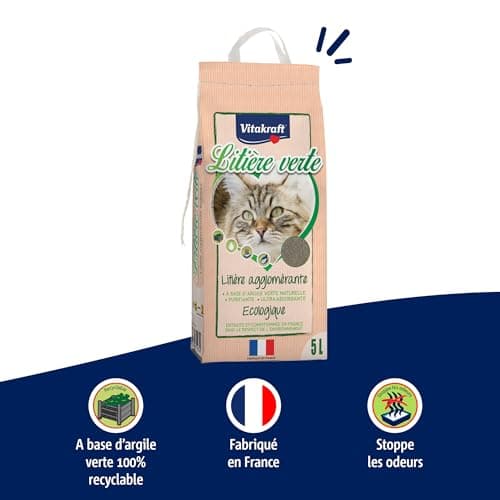 VITAKRAFT Litière Verte Écologique Compostable Anti-Odeur Pour Chat - Ultra-Absorbante - Purifiante - 5 Litres