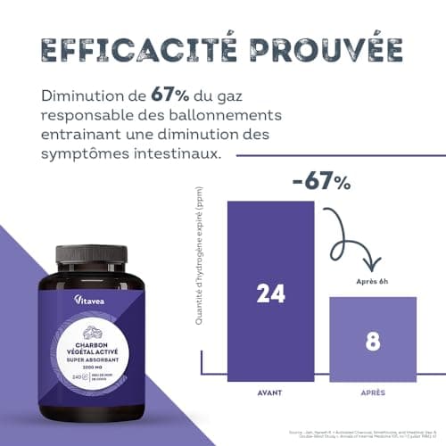 Charbon Actif Végétal Super Absorbant Vitavea 2000 mg - 240 Gélules - Naturellement Issu de Noix de Coco - Pour un Mois