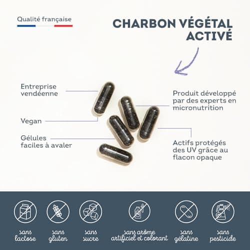 Charbon Actif Végétal Super Absorbant Vitavea 2000 mg - 240 Gélules - Naturellement Issu de Noix de Coco - Pour un Mois