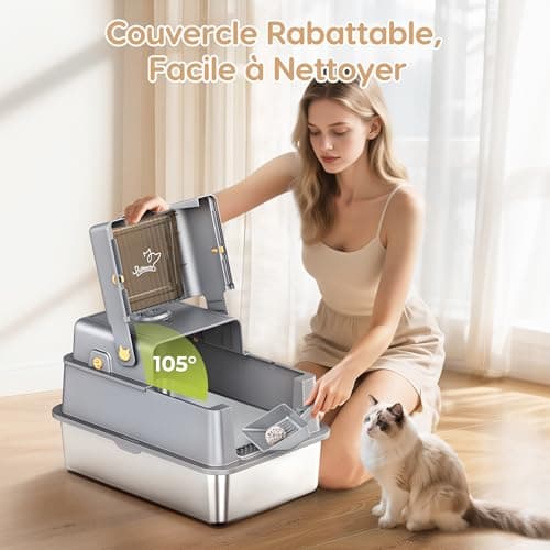 Bac à Litière en Acier Inoxydable PalNests XXL pour Chat | Couvercle à 105° + Pelle + Litière Amovible en Métal + Charbo
