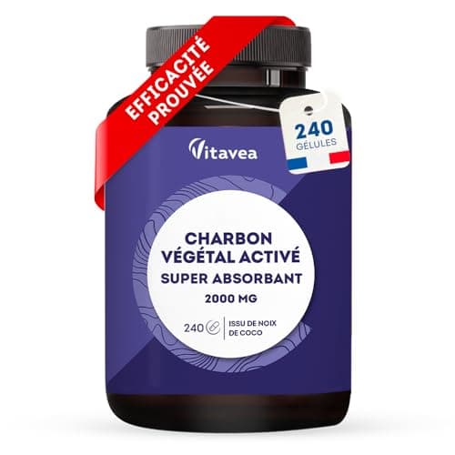 Charbon Actif Végétal Super Absorbant Vitavea 2000 mg - 240 Gélules - Naturellement Issu de Noix de Coco - Pour un Mois