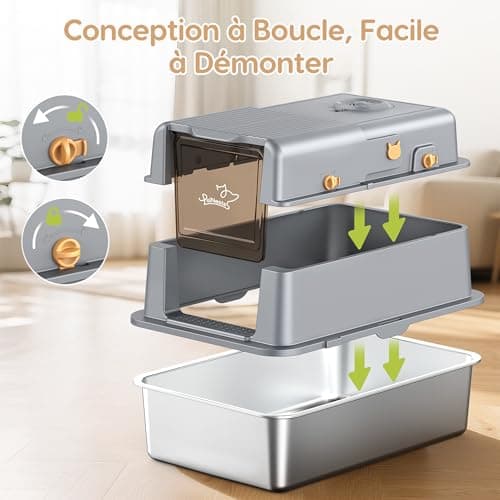 Bac à Litière en Acier Inoxydable PalNests XXL pour Chat | Couvercle à 105° + Pelle + Litière Amovible en Métal + Charbo