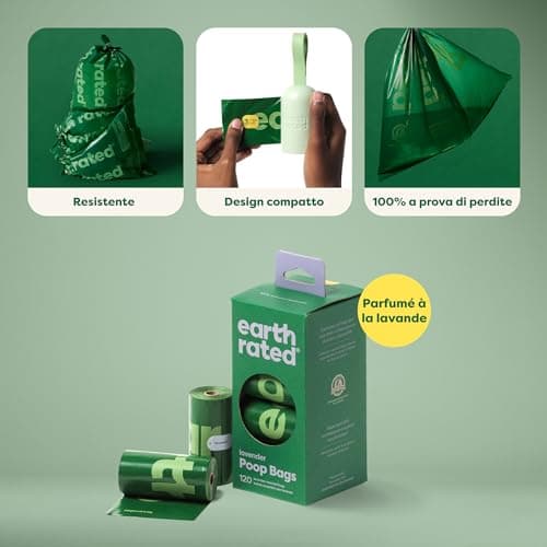 Sacs à crottes Earth Rated pour chiens, étanches et épais, parfum lavande, 120 sacs GreenCircle Certified