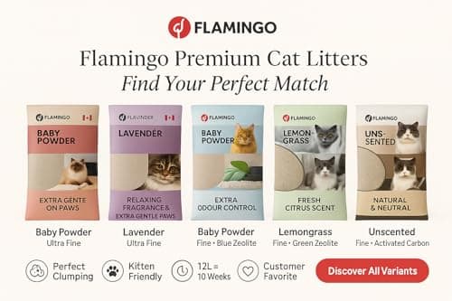 Litière à chats Flamingo, parfum talc bébé, 12kg pour 10 semaines, origine Canada, neutralise odeurs désagréables, douce