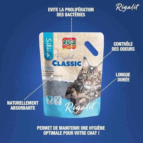 RIGA Rigalit Cristal Classic Litière pour Chat Gel De Silice Origine Minérale Absorbante Odeurs Bactéries Durée 1 Mois 1