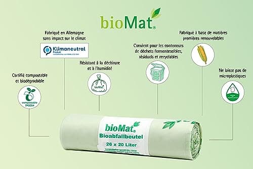 Sac poubelle compostable bioMat 20L avec poignée, pour jardins, haute qualité, certifié DINplus, fabriqué en Allemagne,