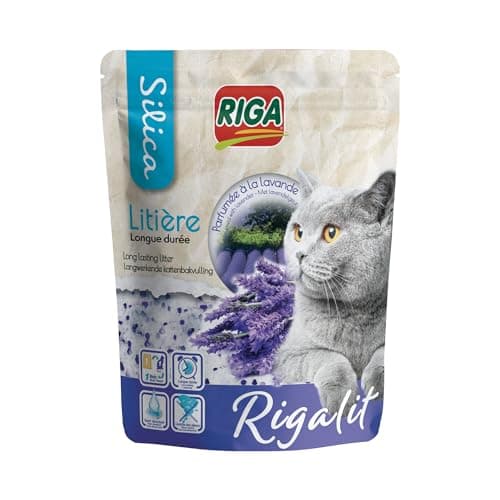 Rigalit Lavande Litière pour Chat Naturelle à Base de Silice Minérale - Neutralise Odeurs et Bactéries - Durée 1 Mois -