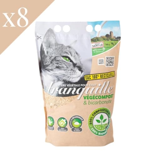 Tranquille - Litière végétale agglomérante Vegecompost 4 litres pour chat - Offre de 8 sacs