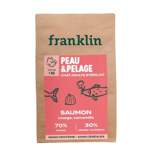 Franklin - Croquettes pour Chat Stérilisé Peau et Pelage - 70% Saumon - Sans Céréales - Hypoallergénique - 1 kg