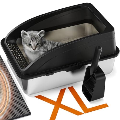 Litière pour Chat en Acier Inoxydable, Grande Taille Semi-Fermée, avec Pelle et Tapis Double Couche, Durable et Hygiéniq — Noir