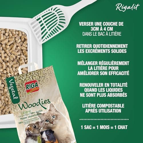 RIGA - Rigalit Woodies - Litière Écologique pour Chat et Rongeurs - Fibre De Bois - Neutralise Odeurs et Bactéries - Dur
