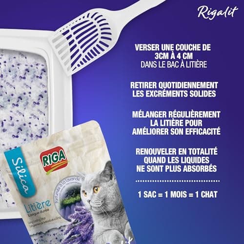 Rigalit Lavande Litière pour Chat Naturelle à Base de Silice Minérale - Neutralise Odeurs et Bactéries - Durée 1 Mois -