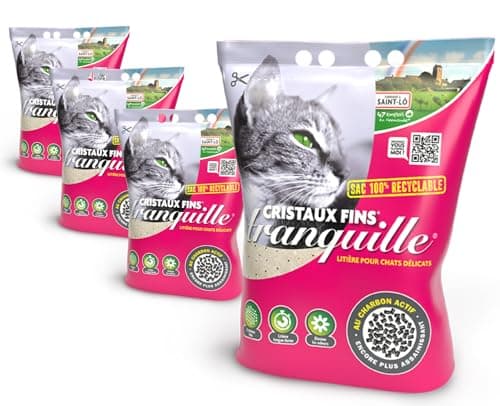 Litière pour Chat Tranquille Silice Cristaux Fins + Charbon Actif – Ultra Absorbante & Anti-Odeur – Lot de 4 x 3,70L