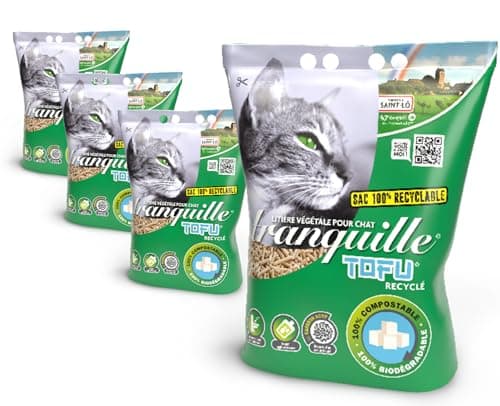 Tranquille - Litière végétale agglomérante à la tofu recyclé pour chat - Lot de 4 - Absorbante et éco-responsable