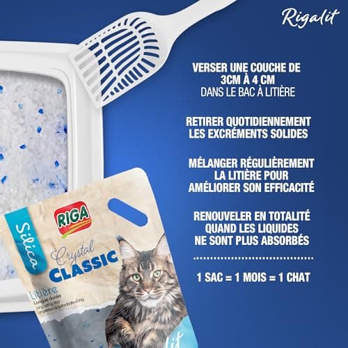 RIGA Rigalit Cristal Classic Litière pour Chat Gel De Silice Origine Minérale Absorbante Odeurs Bactéries Durée 1 Mois 1