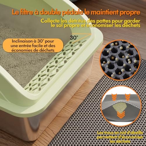 Litière pour Chat en Acier Inoxydable, Grande Taille Semi-Fermée, avec Pelle et Tapis Double Couche, Durable et Hygiéniq