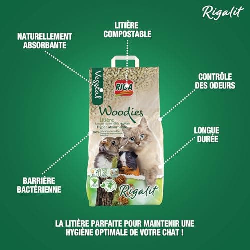 RIGA - Rigalit Woodies - Litière Écologique pour Chat et Rongeurs - Fibre De Bois - Neutralise Odeurs et Bactéries - Dur