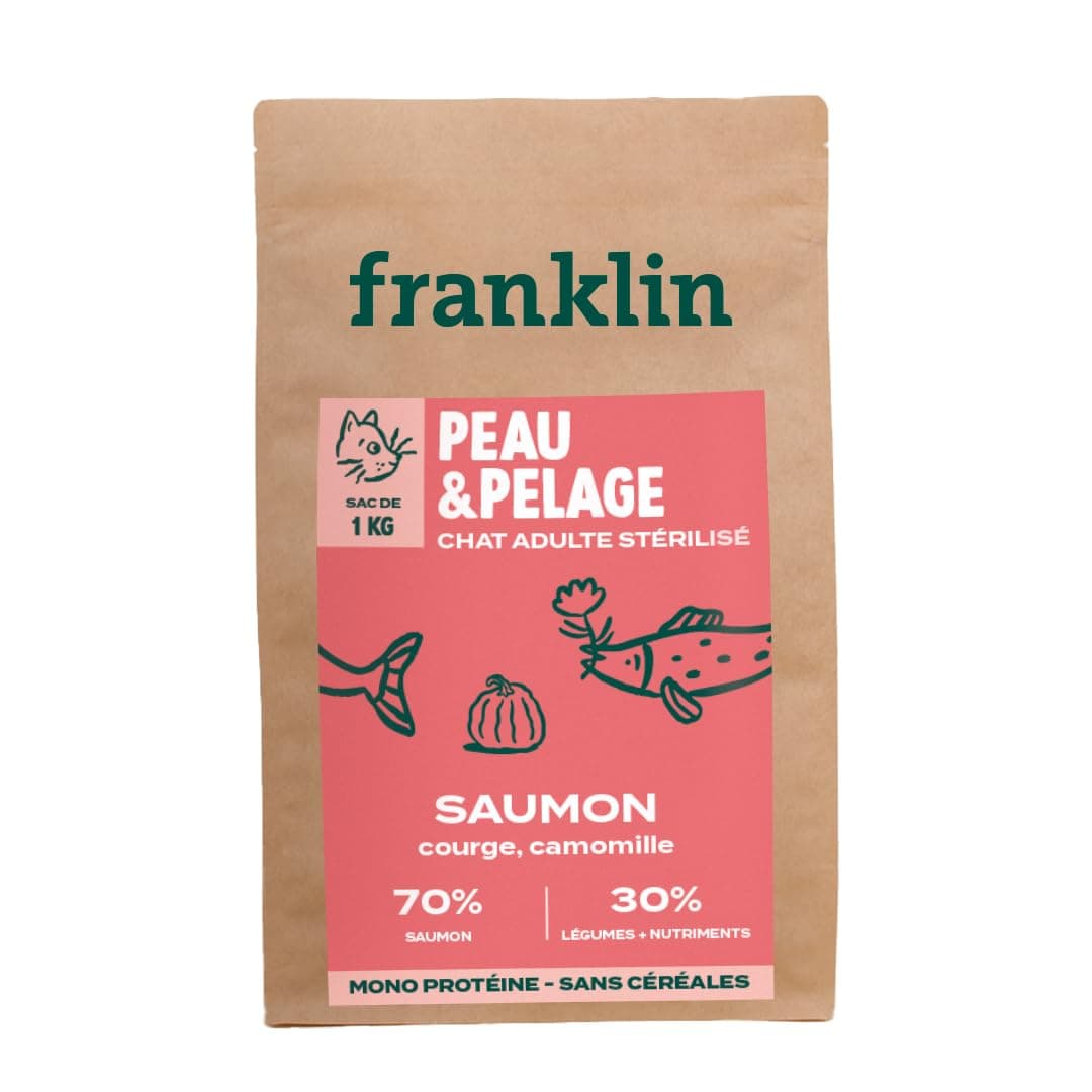 Franklin - Croquettes pour Chat Stérilisé Peau et Pelage - 70% Saumon - Sans Céréales - Hypoallergénique - 1 kg
