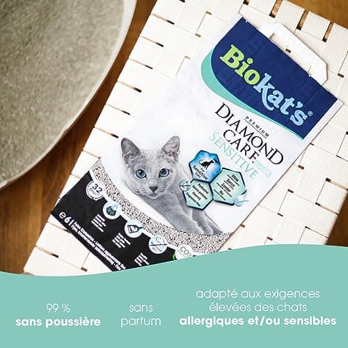 Litière Fine pour Chats Sans Additif Chimique Spécialement Conçue pour les Chats Sensibles - Biokat Diamond Care Sensiti
