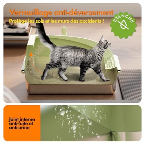 Litière pour Chat en Acier Inoxydable, Grande Taille Semi-Fermée, avec Pelle et Tapis Double Couche, Durable et Hygiéniq