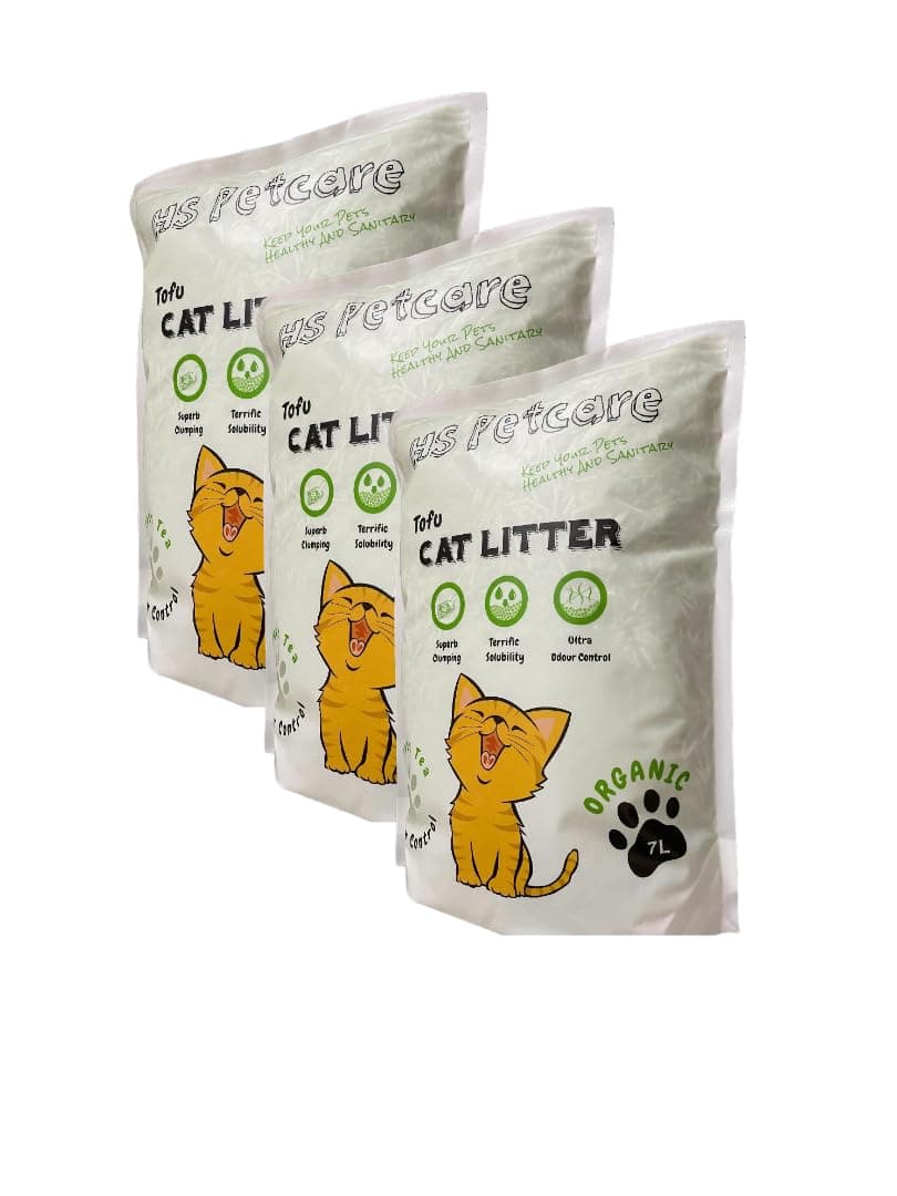 HS Petcare Lot de 3 litières pour chat au thé vert/matcha -Bio - Contrôle des odeurs - Réduit les déchets - Jetables