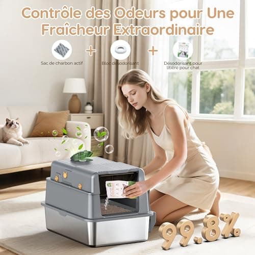 Bac à Litière en Acier Inoxydable PalNests XXL pour Chat | Couvercle à 105° + Pelle + Litière Amovible en Métal + Charbo