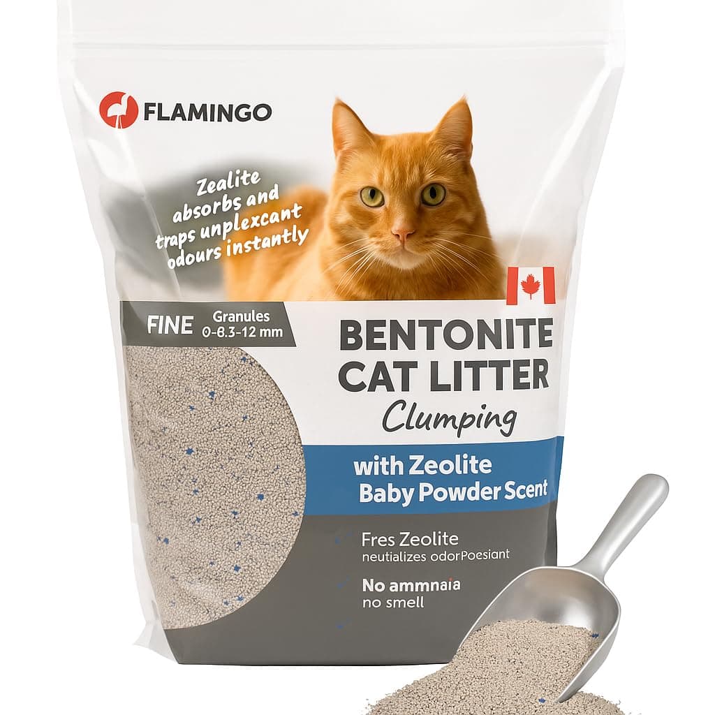 Litière à chats Flamingo, parfum talc bébé, 12kg pour 10 semaines, origine Canada, neutralise odeurs désagréables, douce