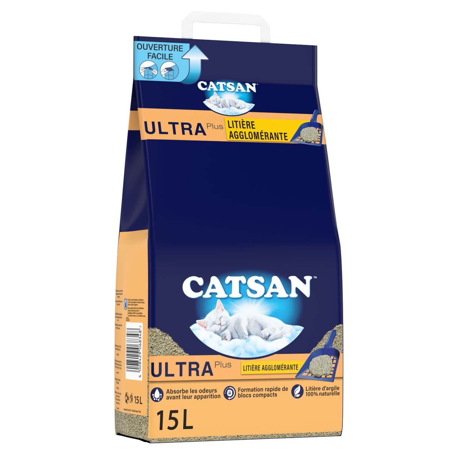 Catsan Agglomérante Ultra Plus - Litière agglomérante premium pour chats - Élimine les odeurs - 1 sac de 15L