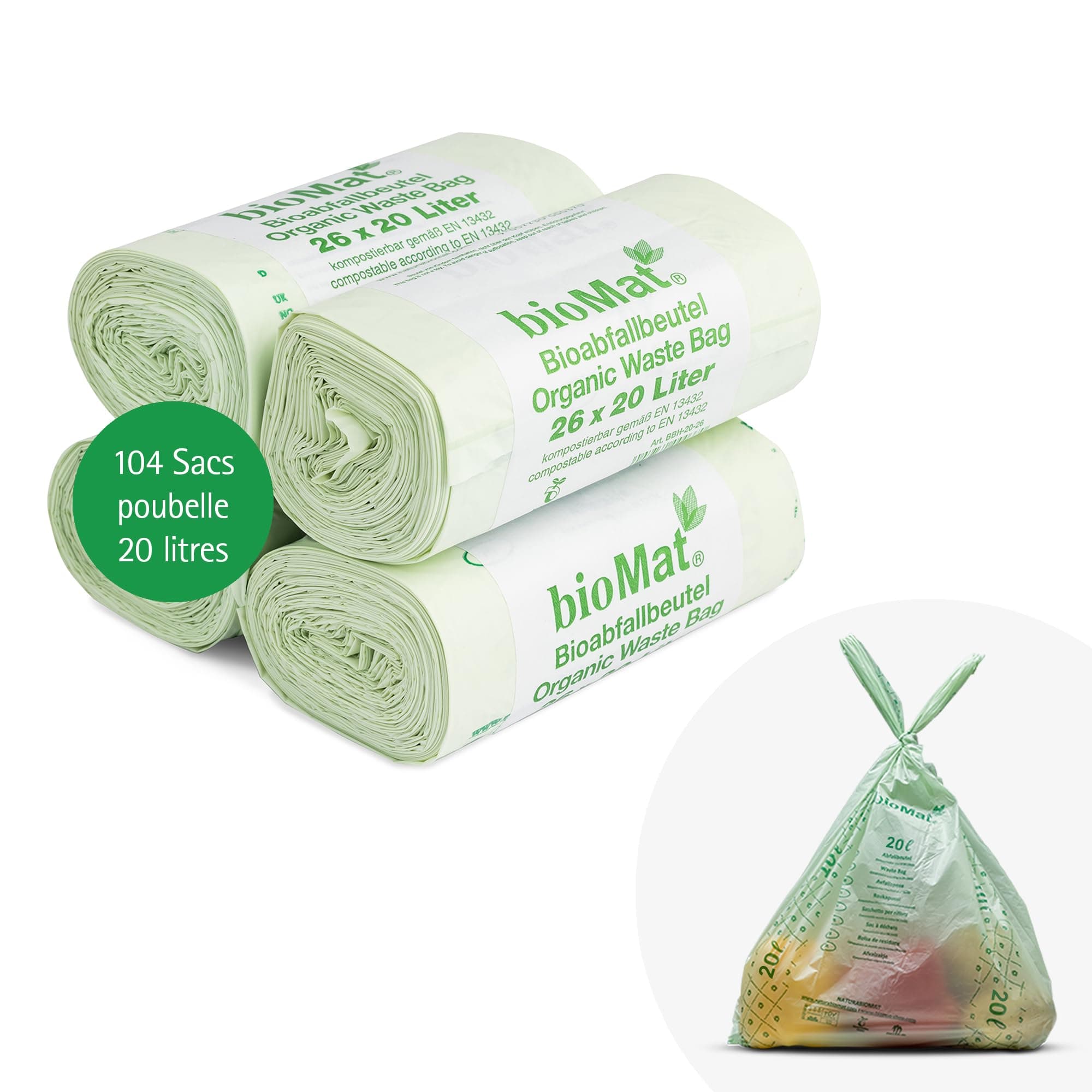 Sac poubelle compostable bioMat 20L avec poignée, pour jardins, haute qualité, certifié DINplus, fabriqué en Allemagne,