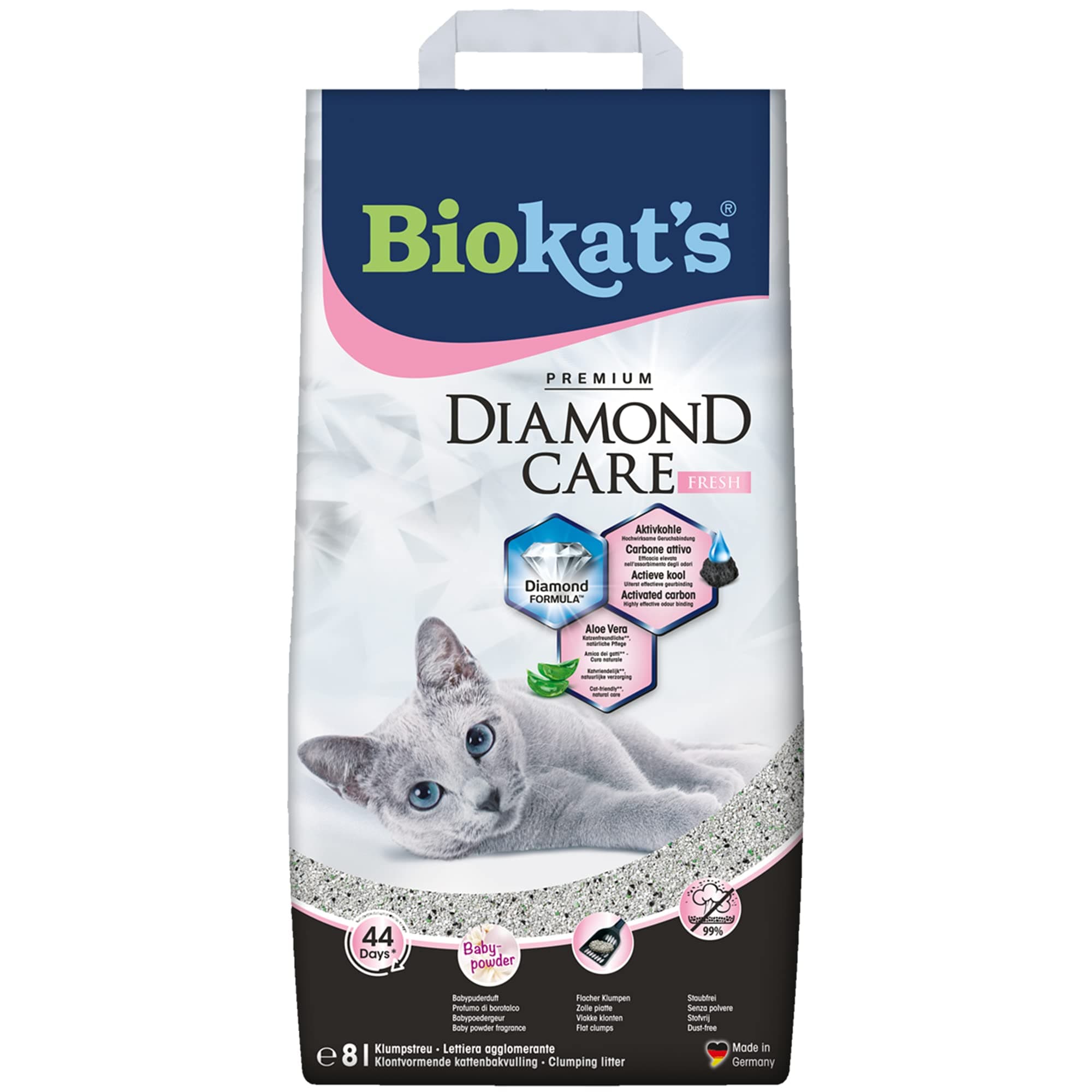 Biokat’s Diamond Care Fresh Litière pour chats - Parfumé - Haute qualité avec charbon actif et Aloe vera - 1 sac de 8 l