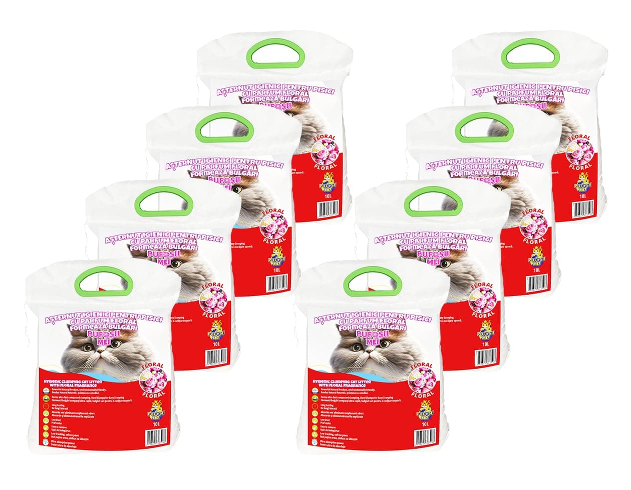 Pufoșii Mei Litière Agglomérante Hygiénique pour Chat – Parfum Floral | 8 x 10 L Pack Économique