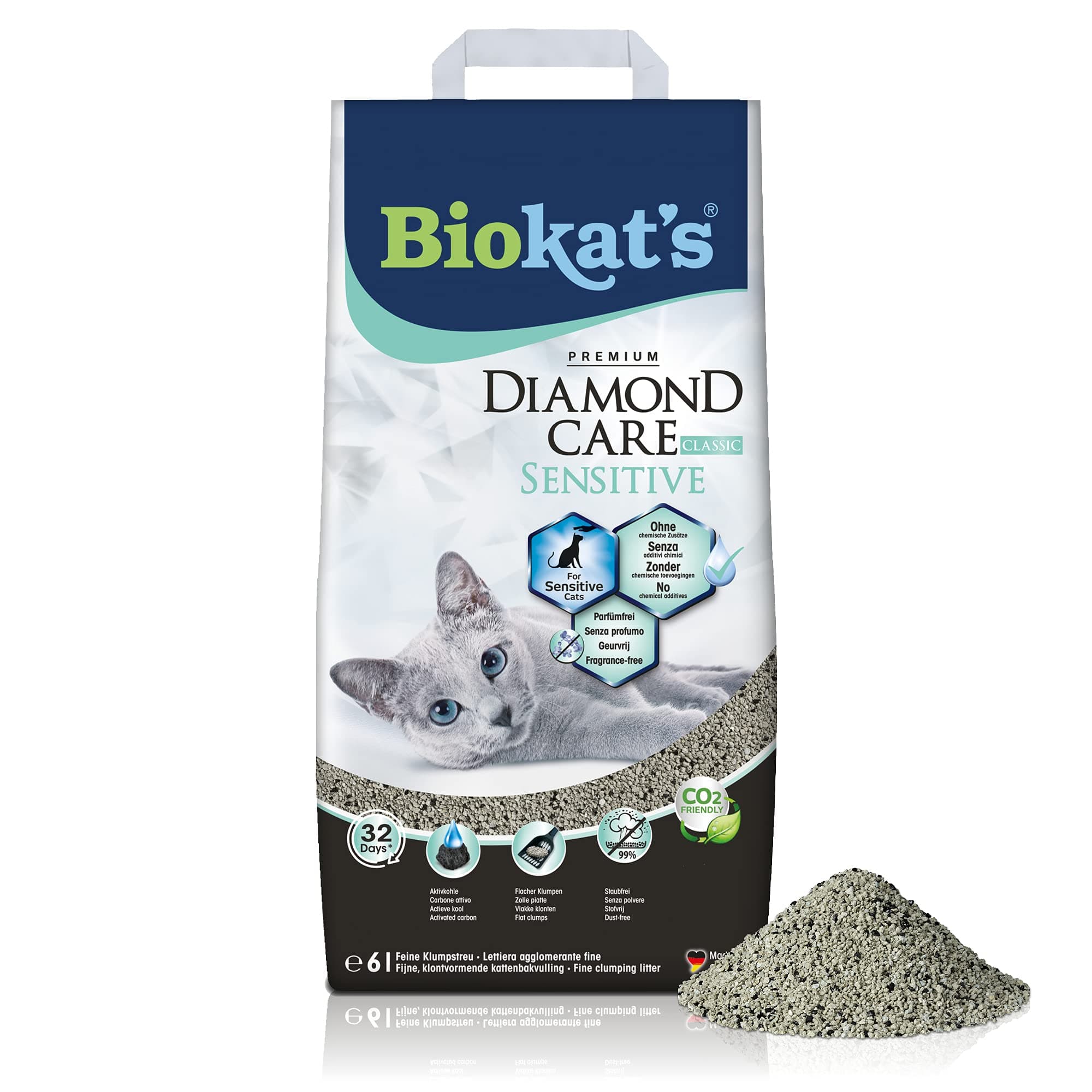 Litière Fine pour Chats Sans Additif Chimique Spécialement Conçue pour les Chats Sensibles - Biokat Diamond Care Sensiti