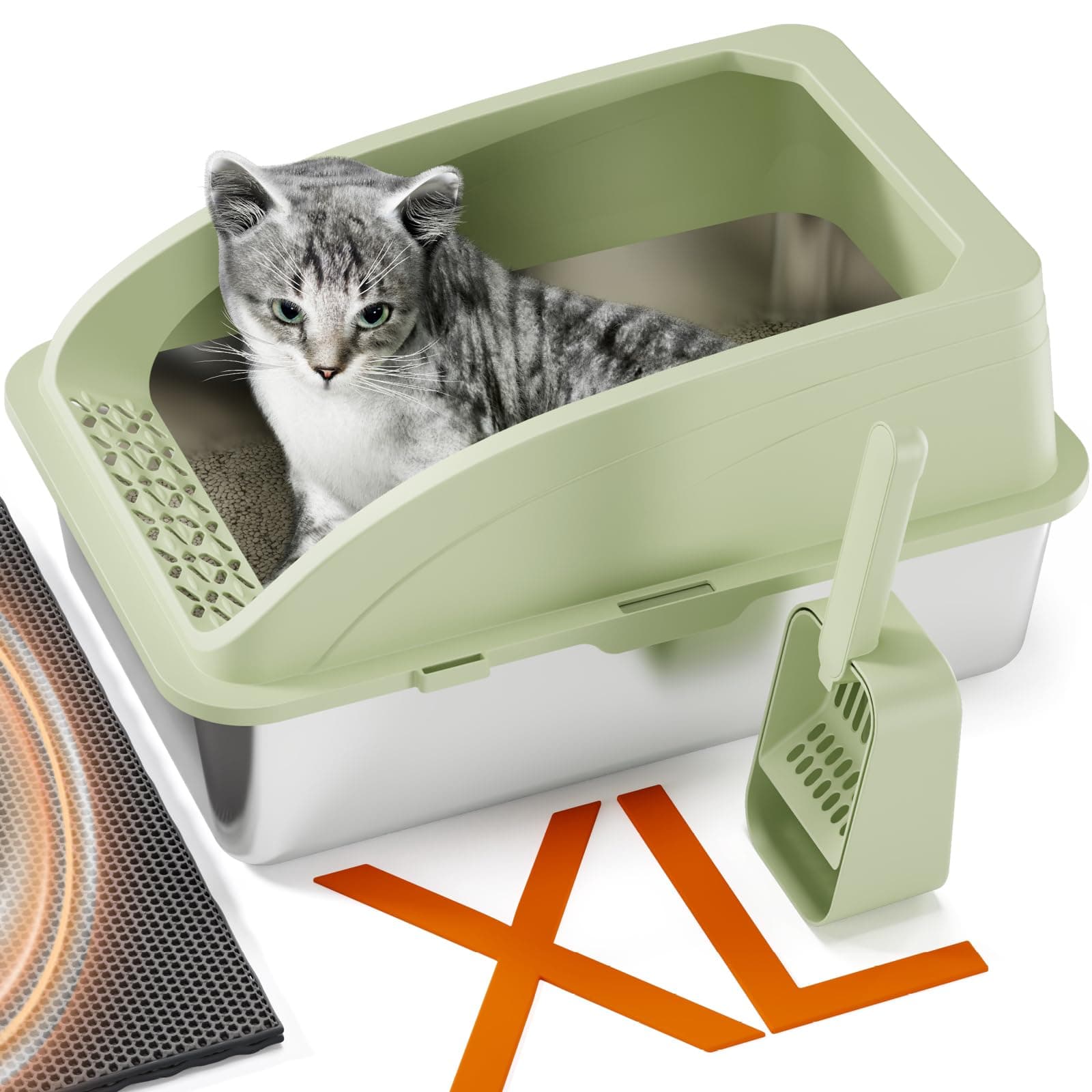 Litière pour Chat en Acier Inoxydable, Grande Taille Semi-Fermée, avec Pelle et Tapis Double Couche, Durable et Hygiéniq