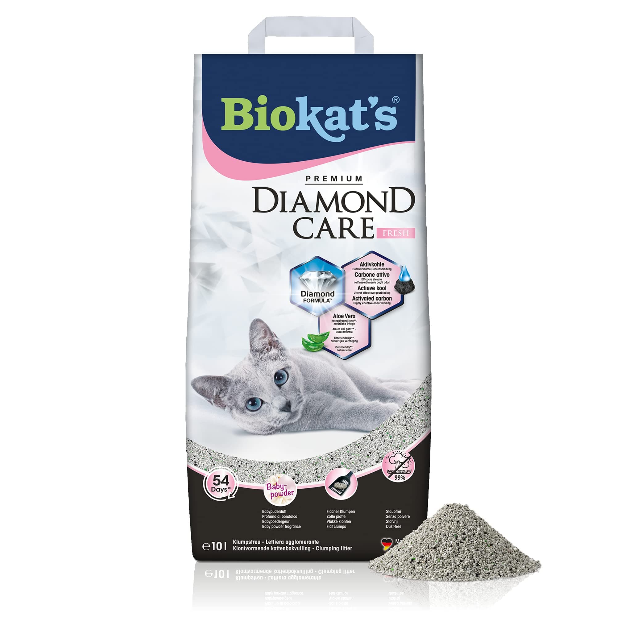 Biokat's Diamond Care Fresh au parfum de talc - Litière fine pour chats - Pour chats sensibles - Absorbe puissamment et