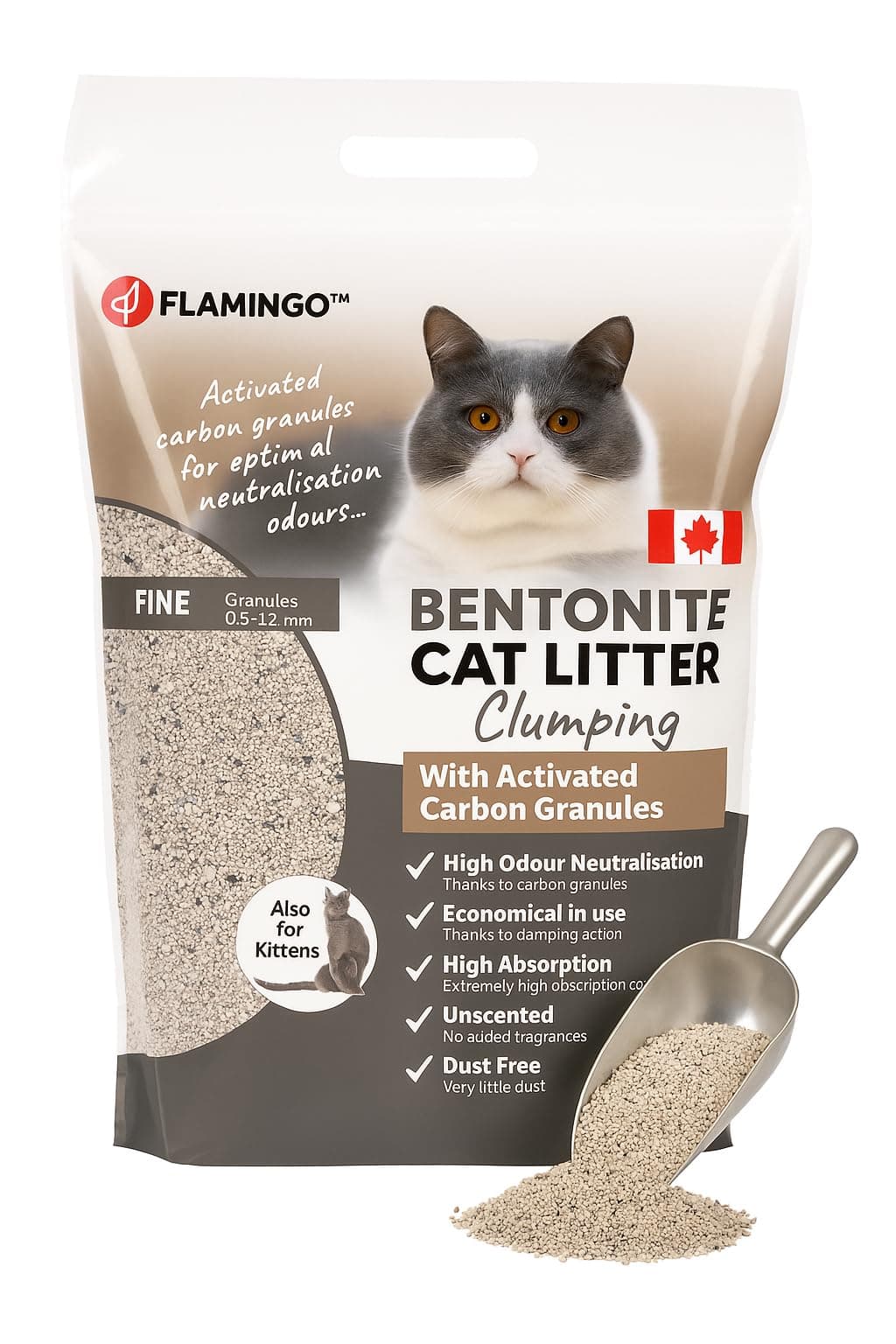 Litige pour chats Flamingo - Parfum neutre - Granulés de charbon - 12KG pour 10 SEMAINES - Origine Canada - Neutralise l