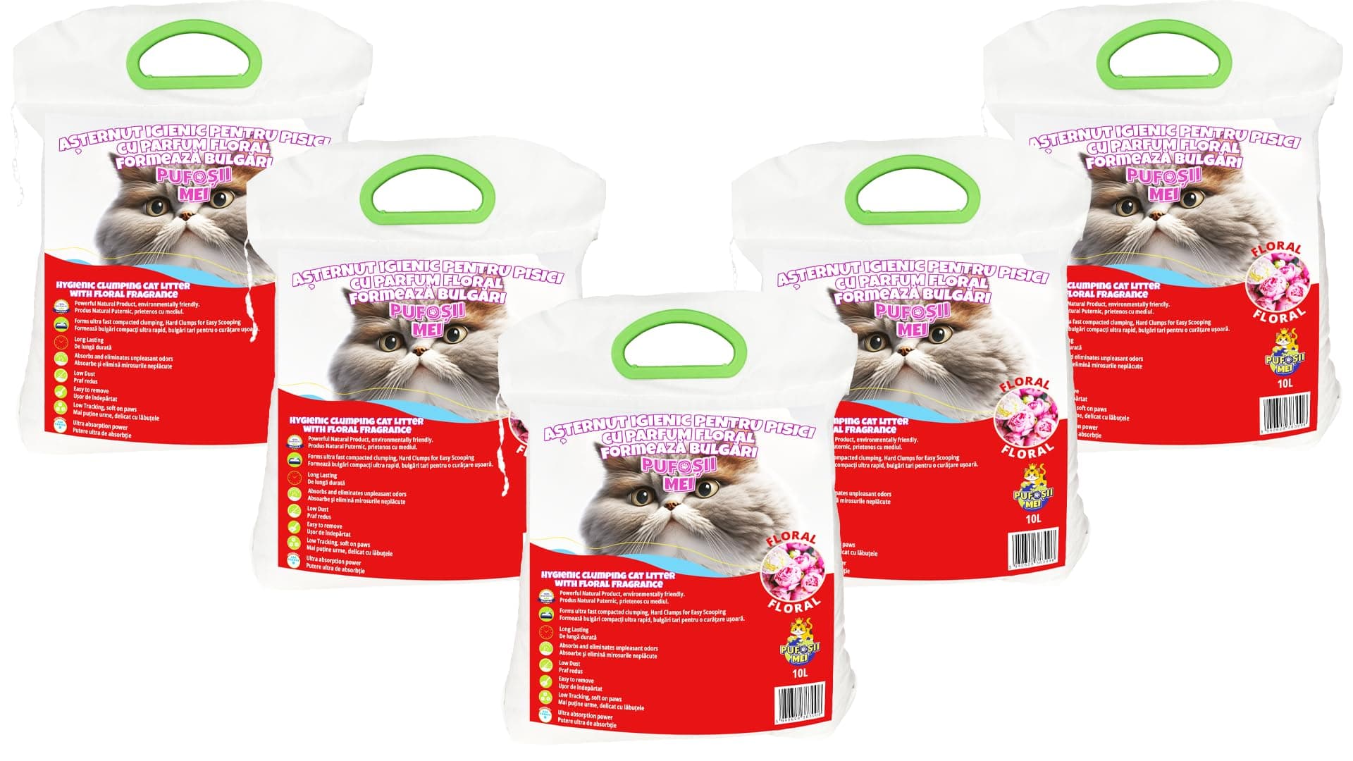 Pufoșii Mei Litière agglomérante hygiénique Parfum Floral pour Chat - Économique 5 x 10 L