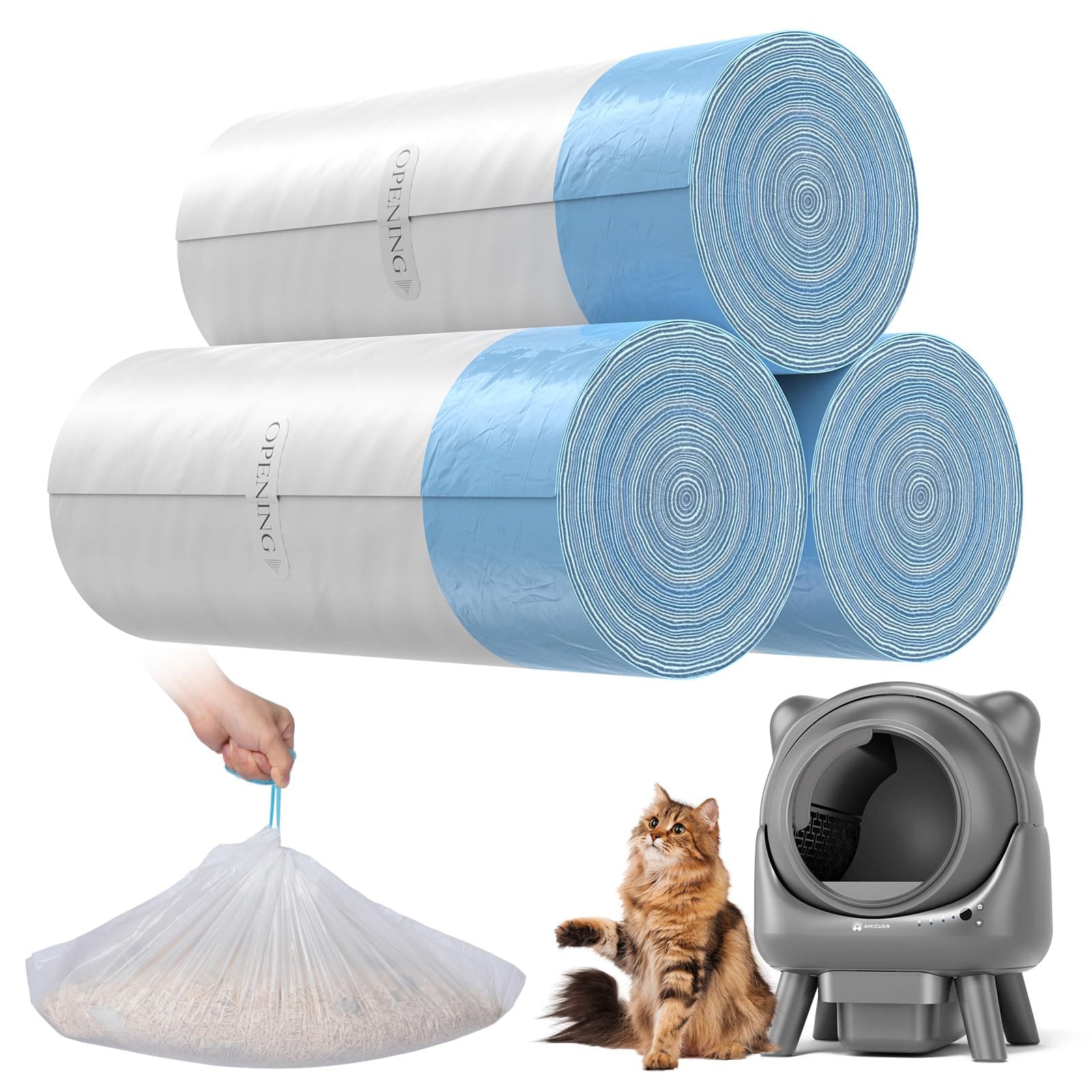 Amicura Cura X1 Sac poubelle - Lot de 3 rouleaux de 60 sacs poubelle auto-nettoyants pour chat | Sans odeur | Indéchirab