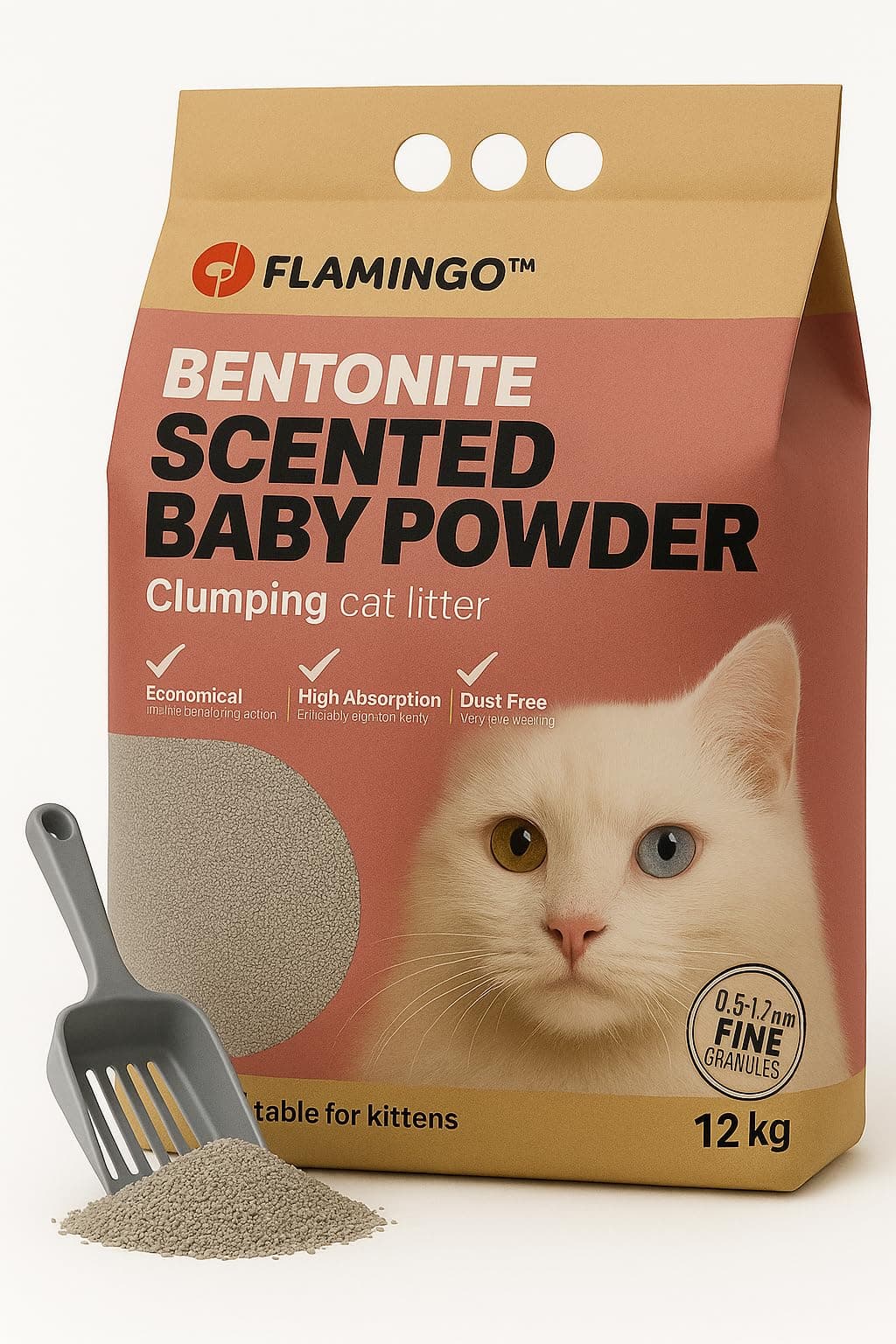 Litière pour chats Flamingo - Parfum Talc pour bébé - 12KG pour 10 SEMAINES - Neutralise les odeurs désagréables - Douce