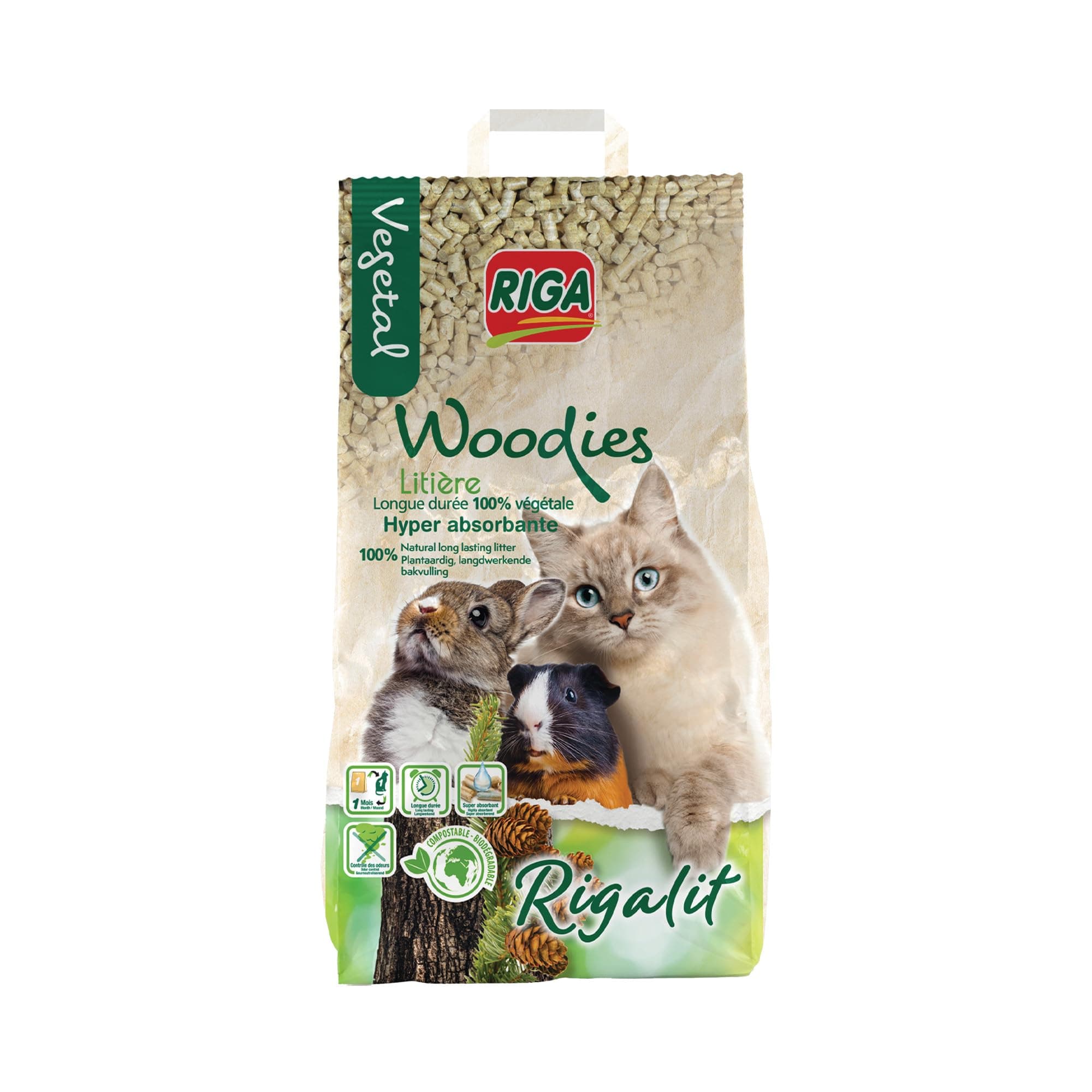 RIGA - Rigalit Woodies - Litière Écologique pour Chat et Rongeurs - Fibre De Bois - Neutralise Odeurs et Bactéries - Dur