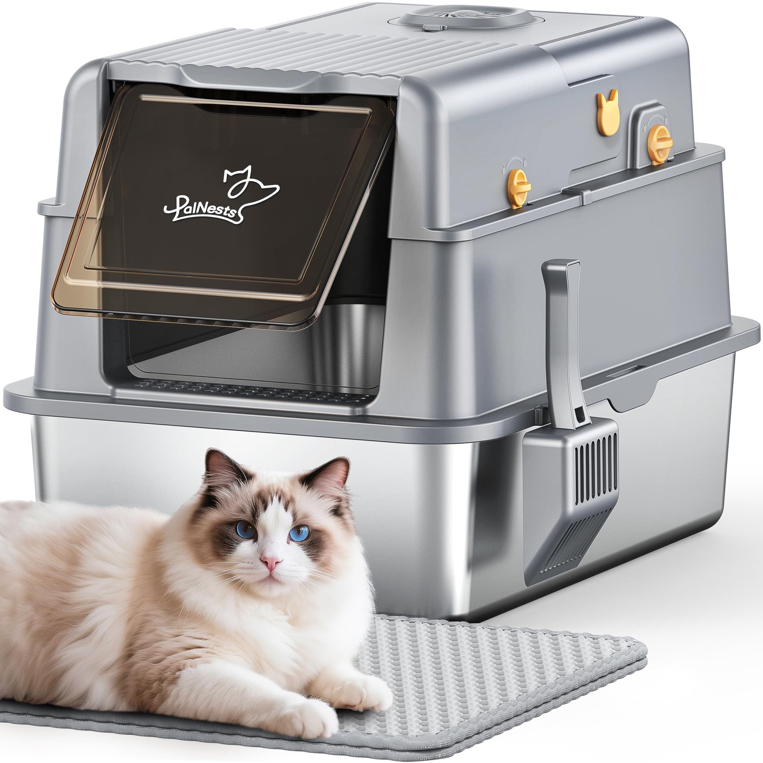 Bac à Litière en Acier Inoxydable PalNests XXL pour Chat | Couvercle à 105° + Pelle + Litière Amovible en Métal + Charbo
