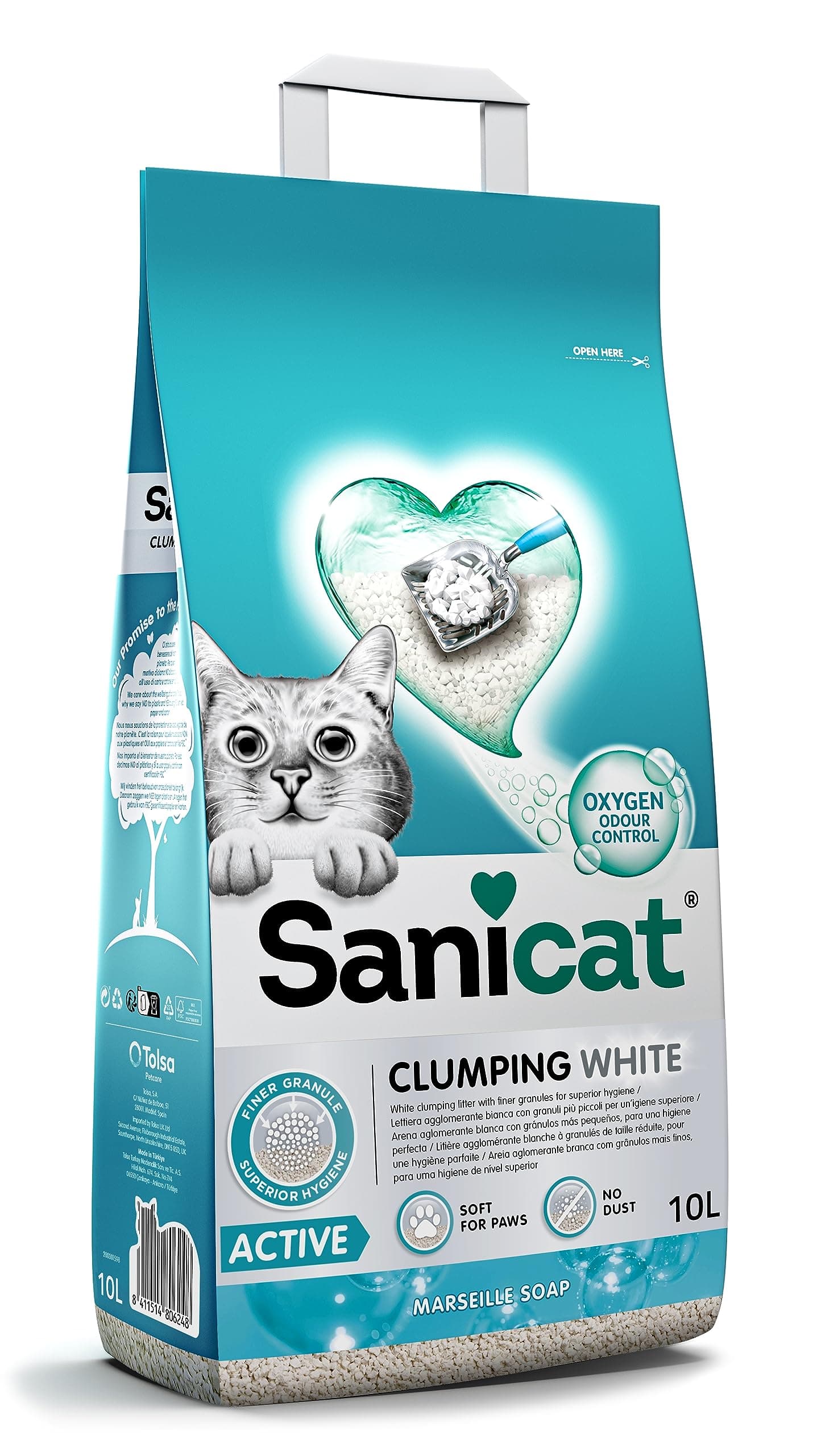 Sanicat - Litière pour Chats Ultra-agglomérante Blanche - Parfum de Savon de Marseille, Fabriquée à partir de minéraux n