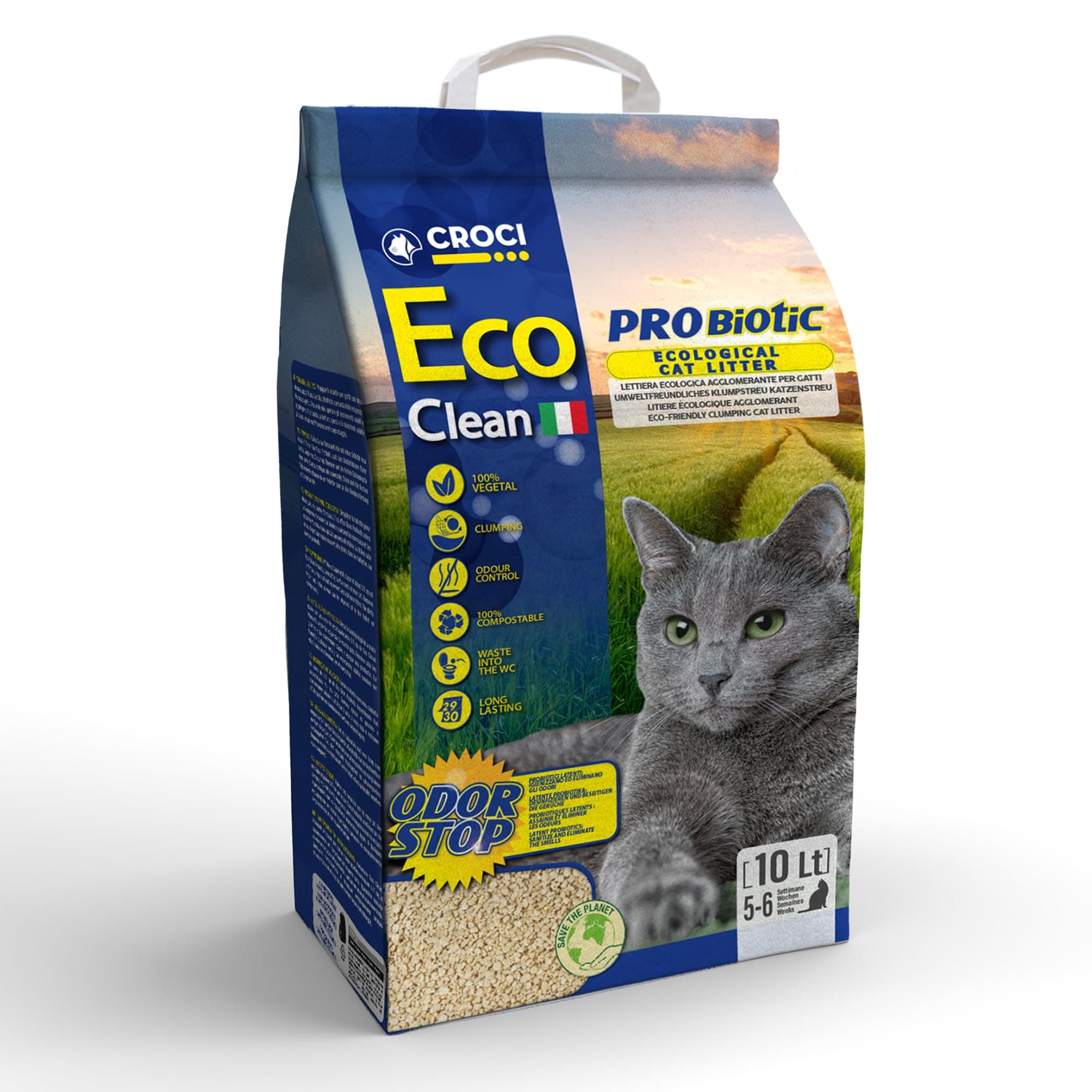 CROCI Eco Clean Probiotique Litière pour Chat Naturelle et Sans Produits Chimiques 10 L 3,8 kg Purifiant et Sans Additif