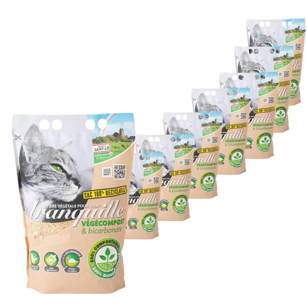 Tranquille - Litière végétale agglomérante Vegecompost 4 litres pour chat - Offre de 8 sacs
