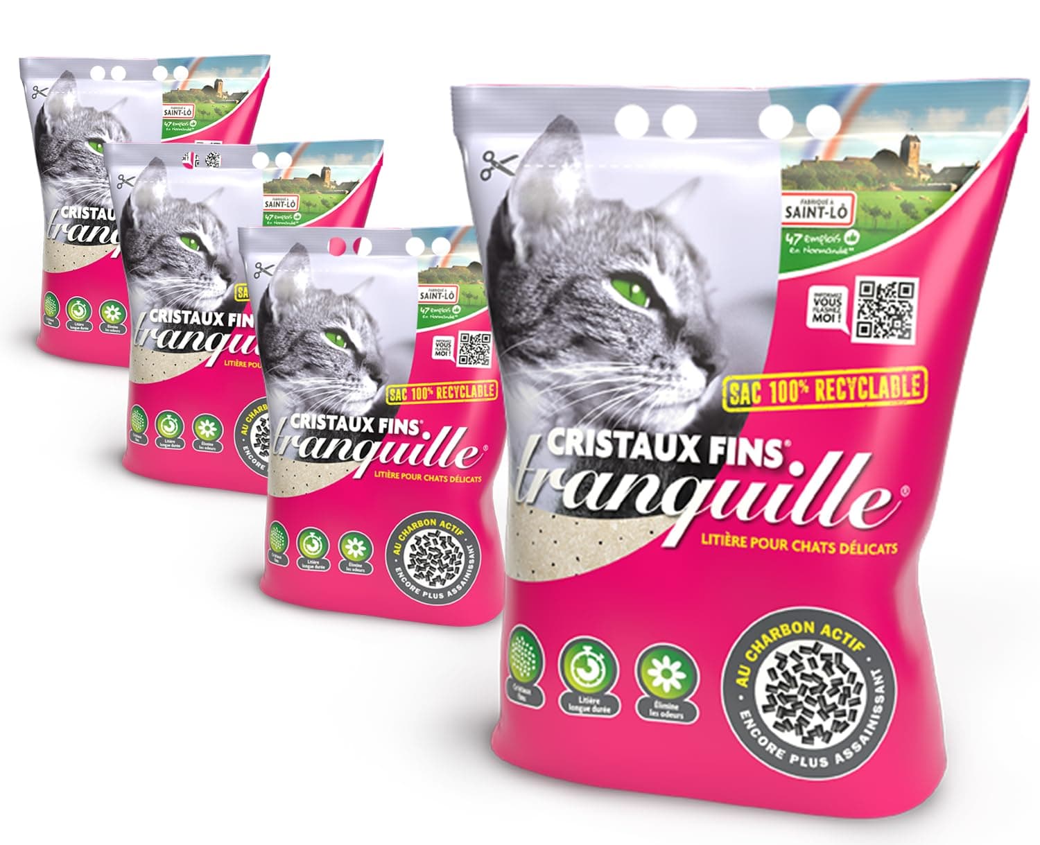 Litière pour Chat Tranquille Silice Cristaux Fins + Charbon Actif – Ultra Absorbante & Anti-Odeur – Lot de 4 x 3,70L