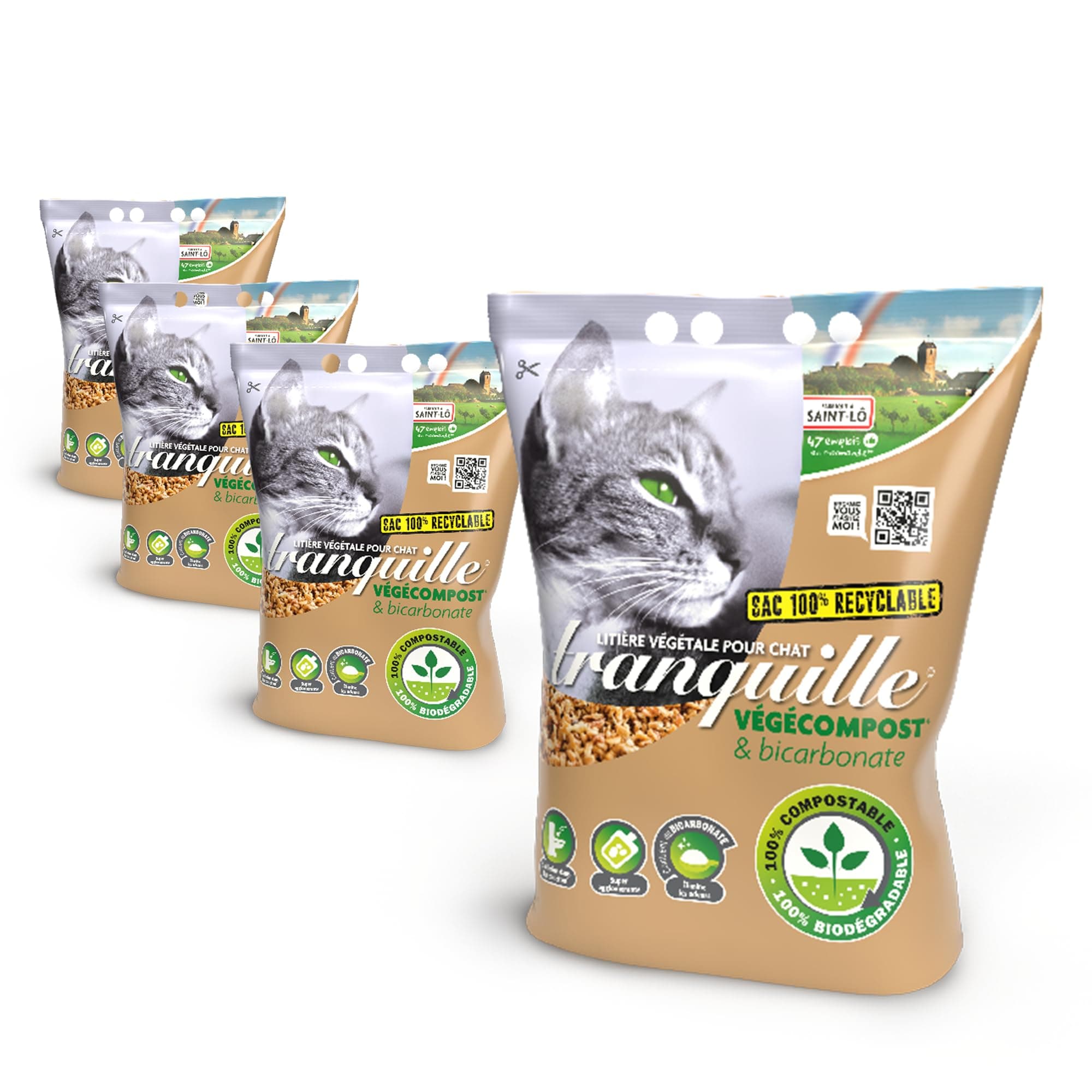 **TRANQUILLE Litière végétale écologique agglomérante 4 L - Pack de 4 pour chats**