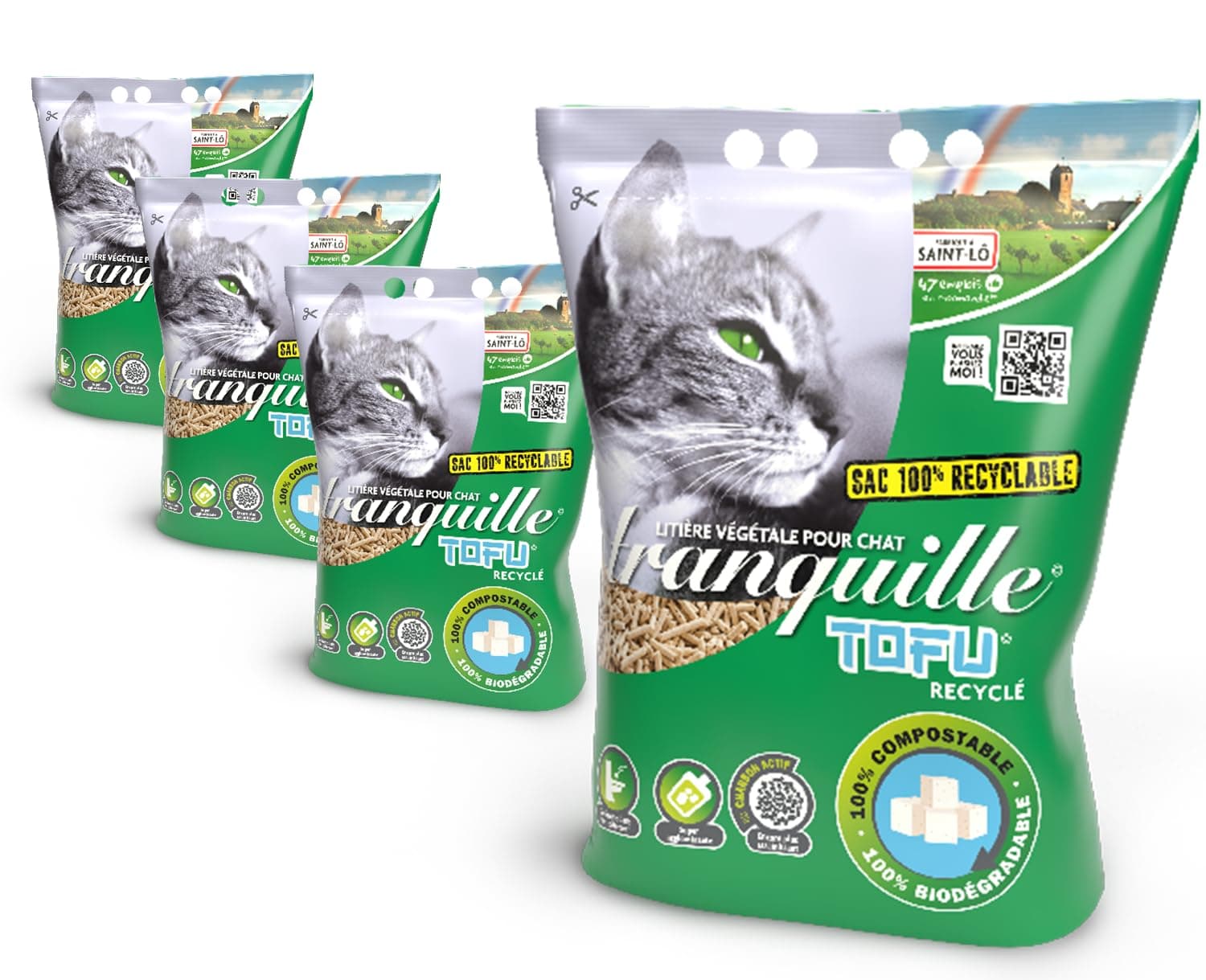 Tranquille - Litière végétale agglomérante à la tofu recyclé pour chat - Lot de 4 - Absorbante et éco-responsable